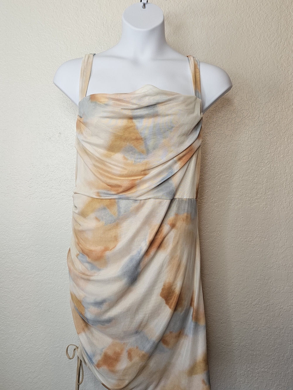 SHEIN Watercolor Ruched Midi Dress - Cream, Tan & Light Blue